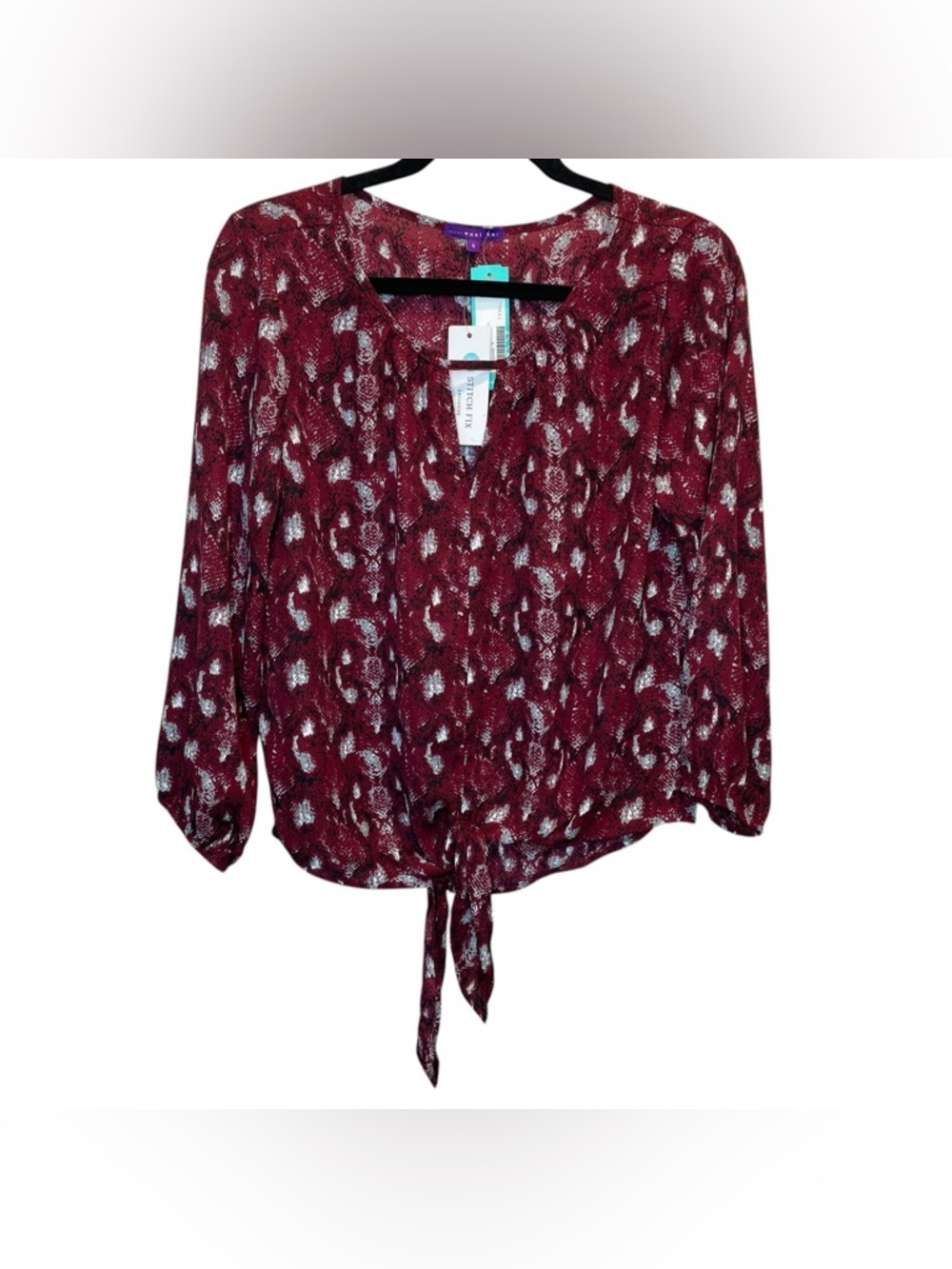 West Kei Casiya Tie Front Blouse Burgundy Print Stitch Fix New with Tags Small